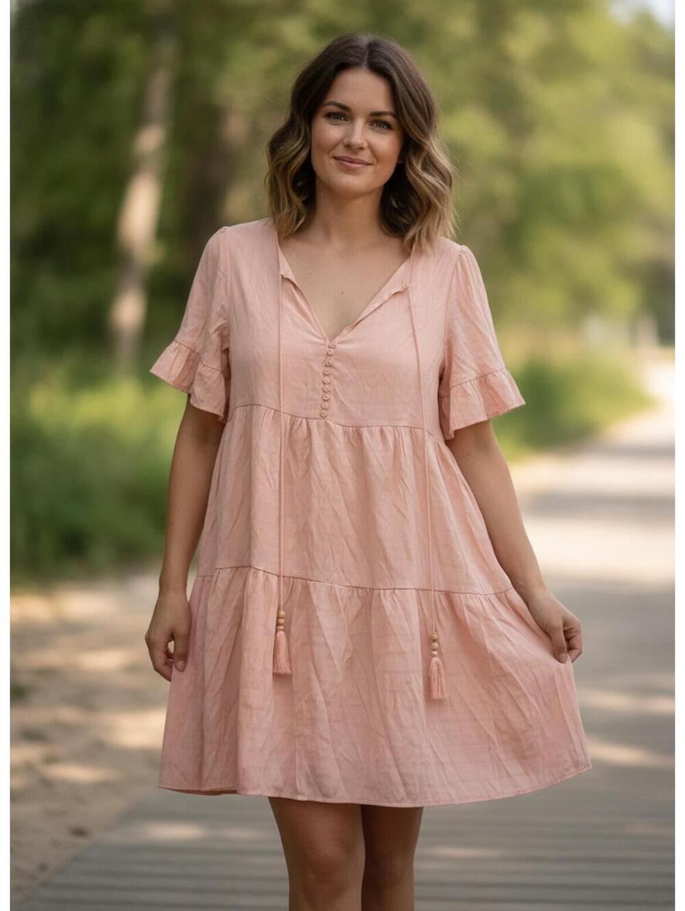 Chic Peach Bohemian Boho Tiered Dress with Tassels XL